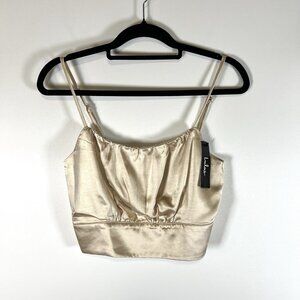 Lulu’s NWT Beige‎ Satin Tie-Strap Cropped Tank Top Size M Zip Up Back